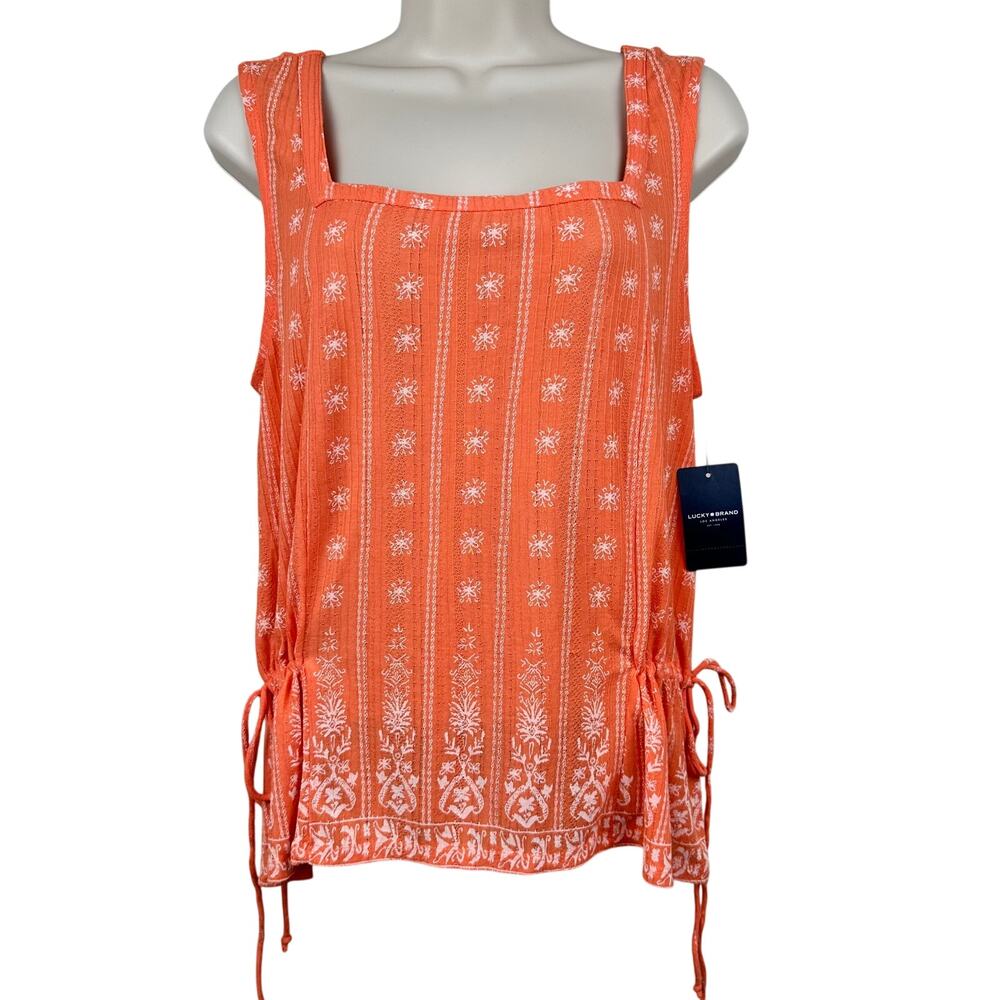 NEW Lucky Brand Blouse Top Sleeveless Tie Waist Floral Cotton Orange Large Boho